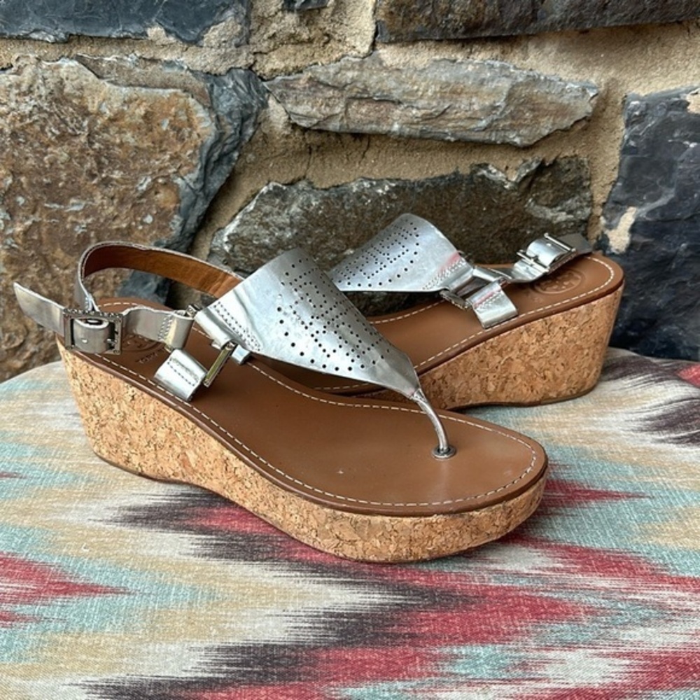 Tory Burch 'Daniela' Metallic Leather Upper Cork Wedge Sandal in Silver Size 7.5